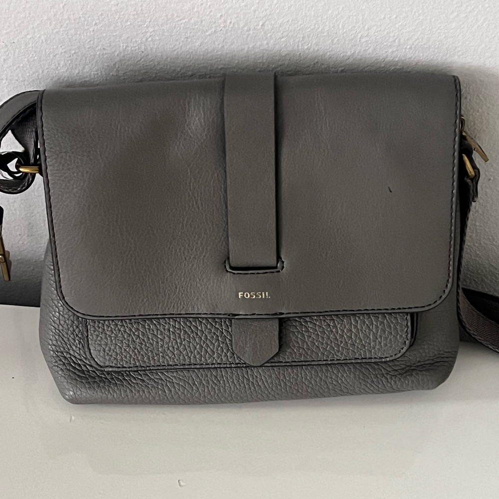 Fossil Kinley Small Fold Over Leather Crossbody Bag Gray